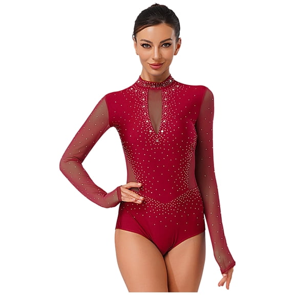 Sholeno Womens Rhinestones Mesh Long Sleeve Splice Gymnastics Leotard Figure Skating Dance Unitard Burgundy M