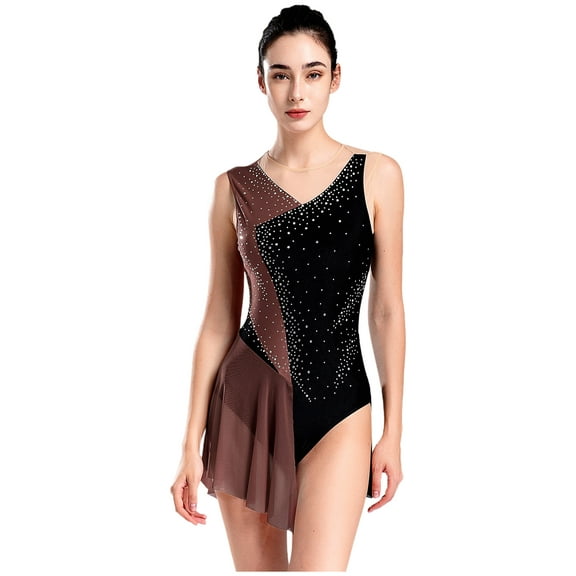 Sholeno Womens Sleeveless Mesh Splice Figure Ice Skating Dress Bodysuit Rhinestone Ballet Dance Dusty Pink S