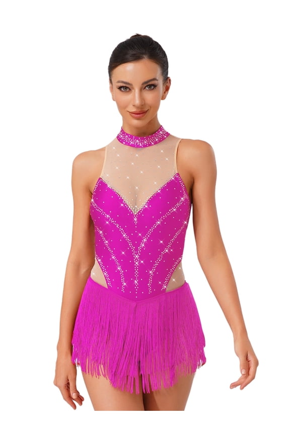 Womens Sleeveless Tassel Fringe Latin Leotard Tango Chacha Bodysuit Figure Skating Dress Hot Pink L