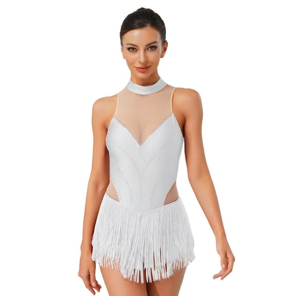 Sholeno Womens Sleeveless Tassel Fringe Latin Leotard Tango Chacha Bodysuit Figure Skating Dress White M