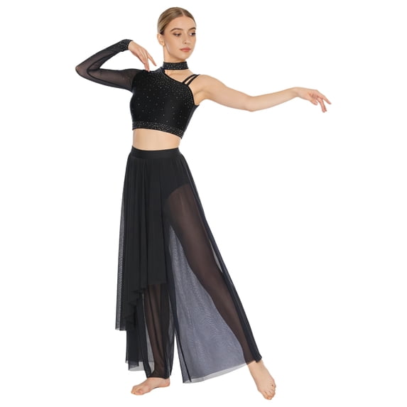 Sholeno Womens Sparkly 2 Pieces Lyrical Modern Dance Outfits Asymmetrical Shoulder Crop Tops with Pants Set Black M