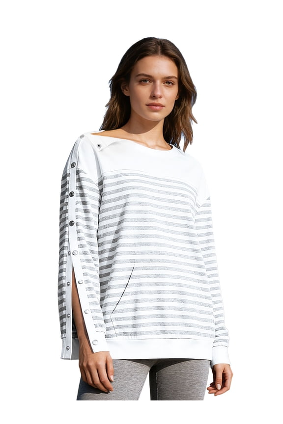 Womens Striped Post Shoulder Surgery Shirt Top Chemo Port Adaptive Sweatshirts Tear Away Adaptive Clothing Gray XS