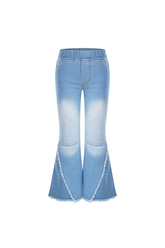 kids Girls Washed Elastic Waistband Jeans Ripped Holes Bell-bottom Hem Denim Pants Casual Light Blue 12