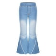 thumbnail image 1 of Sholeno kids Girls Washed Elastic Waistband Jeans Ripped Holes Bell-bottom Hem Denim Pants Casual Light Blue 8, 1 of 7
