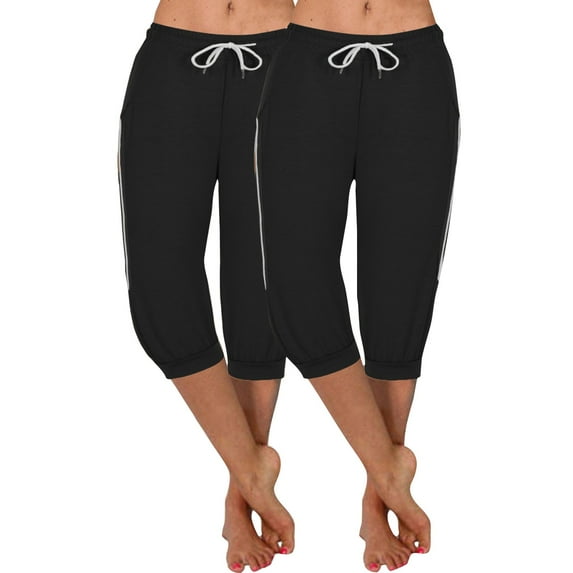 ShomPort 2 Pack Capri Sweatpants Summer Joggers Casual Drawstring Waist Cuffed Pants with Side Pockets