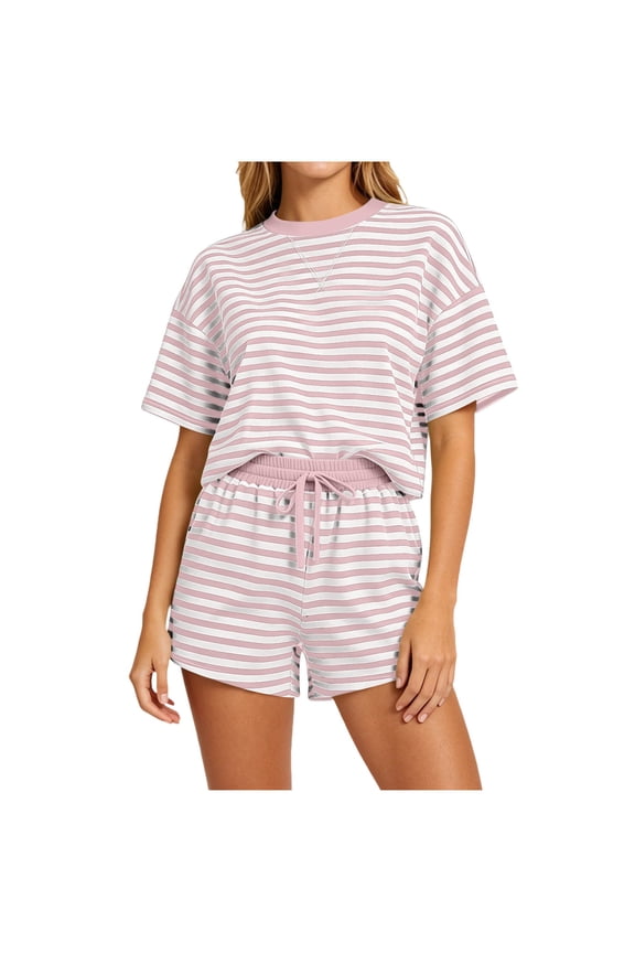 2 Piece Lounge Set for Women Stripe Oversized Short Sleeve Shirts and Shorts Matching Outfits