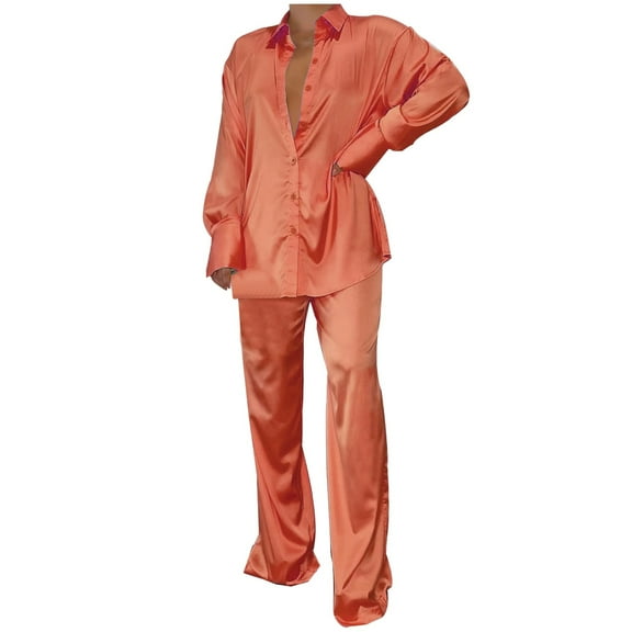 ShomPort 2 Piece Outfits for Women Casual Long Sleeve Button down Shirt Wide Leg Pants Sets Solid Color Business Suits