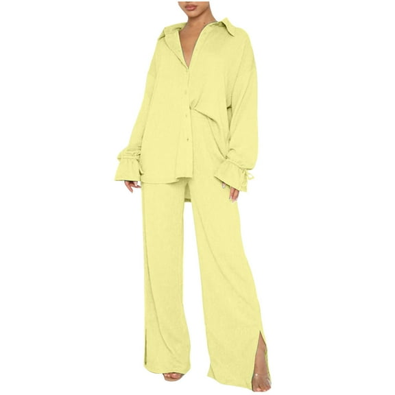 ShomPort 2 Piece Outfits for Women Fall Fashion Long Sleeve Tops Wide Leg Pants Matching Sets Loungewear Tracksuits