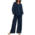 thumbnail image 1 of ShomPort 2 Piece Sets for Women Cotton Linen Casual Matching Sets Long Sleeve Pullover Tops Long Pants Sets (Navy 40), 1 of 7
