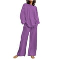 thumbnail image 1 of ShomPort 2 Piece Sets for Women Cotton Linen Casual Matching Sets Long Sleeve Pullover Tops Long Pants Sets (Purple 37), 1 of 7