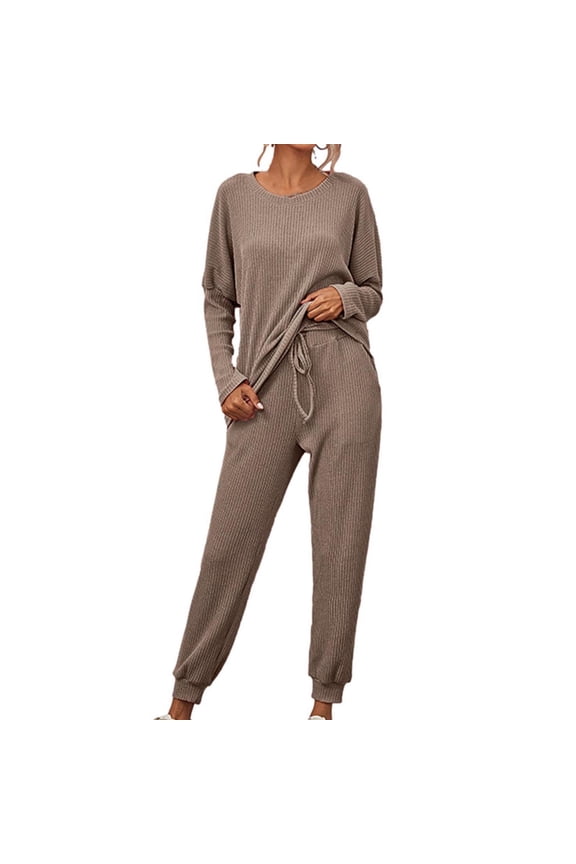 2 Piece Sets for Women Long Sleeve Tops and Wide Leg Pants Sets Comfy Matching Sets Loungewear (Coffee 14)