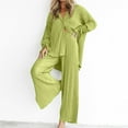 thumbnail image 1 of ShomPort 2 Piece Sets for Women Lounge Matching Sets Buttons down Long Sleeve Blouses Wide Leg Long Pants Sets (Green 50), 1 of 7