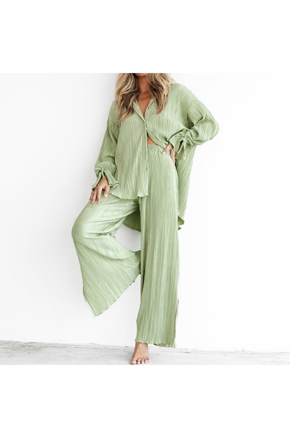 2 Piece Sets for Women Lounge Matching Sets Buttons down Long Sleeve Blouses Wide Leg Long Pants Sets (Mint Green 50)