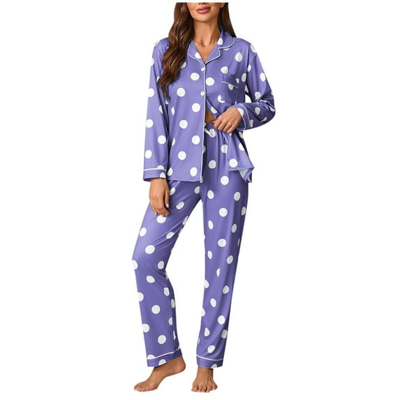 ShomPort 2 Piece Sleepwear for Womens Polka Dot Printed Long Sleeve Button Up Lapel Loungewear Soft Casual Chest Pocket Pajamas