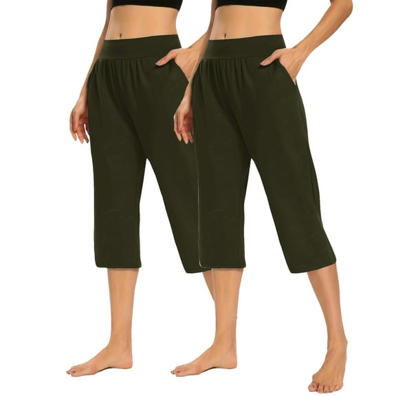 ShomPort 2 Piece Yoga Pants for Women Baggy Elastic Waist Capris Workout Lounge Gym Capri Pants with Pockets