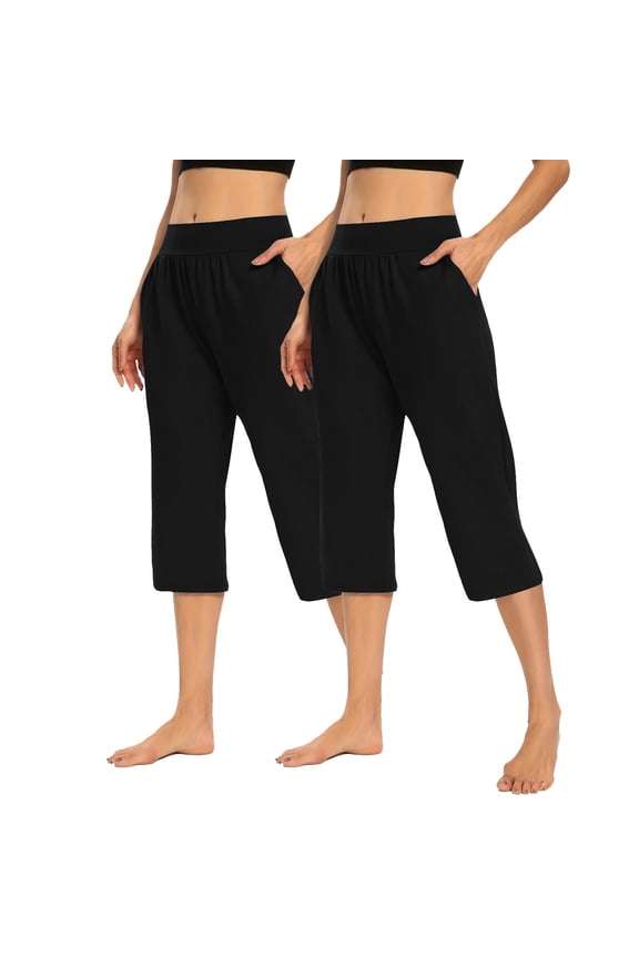 2 Piece Yoga Pants for Women Baggy Elastic Waist Capris Workout Lounge Gym Capri Pants with Pockets