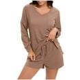 thumbnail image 1 of ShomPort 2 Pieces Loungewear for Womens Drop Shoulder Round Neck Long Sleeve Textured Drawstring Shorts Solid Color Soft Pajamas, 1 of 4