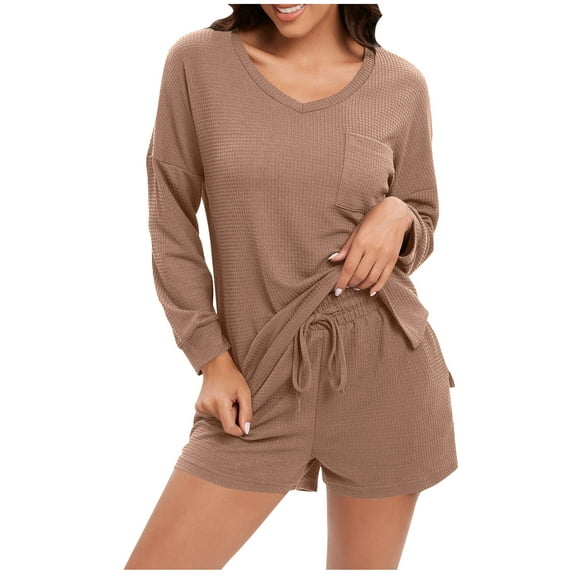 ShomPort 2 Pieces Loungewear for Womens Drop Shoulder Round Neck Long Sleeve Textured Drawstring Shorts Solid Color Soft Pajamas