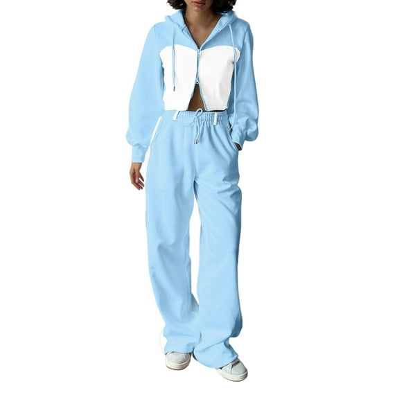 ShomPort 2 Pieces Outfits for Womens Color Block Double Zipper Hooded Crop Tops Drawstring Loose Pants Sweatsuit Set
