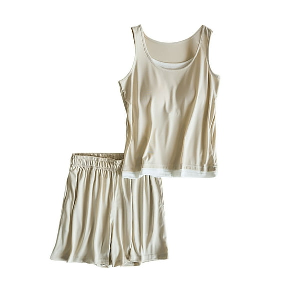 ShomPort 2 Pieces Pajamas for Womens Padded Sleeveless U-Neck Camisole Elastic Waistband Shorts Lightweight Daily Loungewear Set