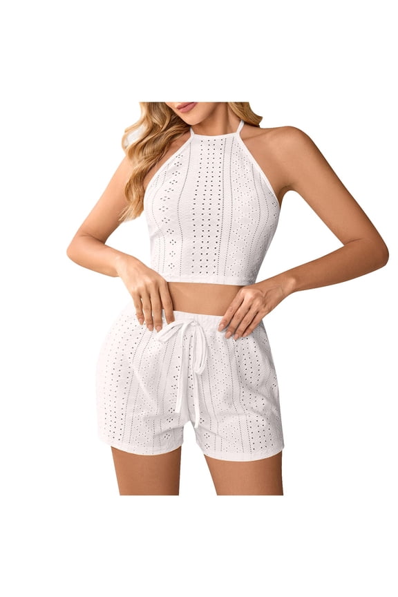 2 Pieces Sleepwear Set for Womens Mesh Straps Crop Tops Drawstring Shorts Trendy Pajama Breathable Daily Loungewear