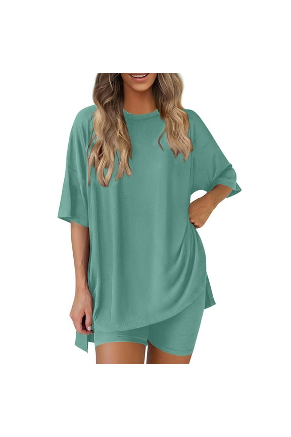 2PC Set for Womens Short Sleeve Crewneck Ribbed Side Split Tunic Tops Breathable Shorts Lightweight Trendy Outfits