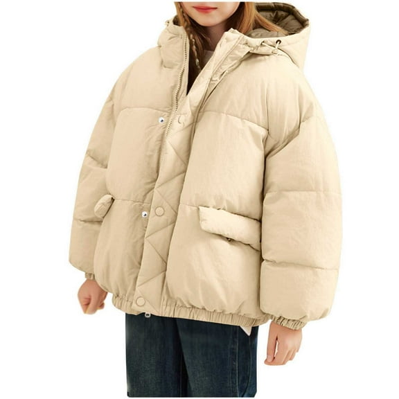 ShomPort 3-13 Years Puffer Jackets for Children Elastic Cuff Solid Color Down Coat with Hooded Casual Cozy Soft Winter Outwear
