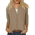 thumbnail image 1 of ShomPort 3/4 Sleeve Button Down Cardigan for Women Lightweight Round Neck Solid Color Casual Tunic Tops Shirts, 1 of 5