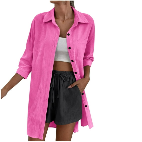 ShomPort 3/4 Sleeve Shacket Jackets for Women Fall Casual Lapel Button Down Shirts Long Fashion Blouses