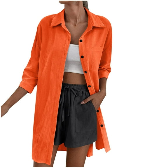 ShomPort 3/4 Sleeve Shacket Jackets for Women Fall Casual Lapel Button Down Shirts Long Fashion Blouses