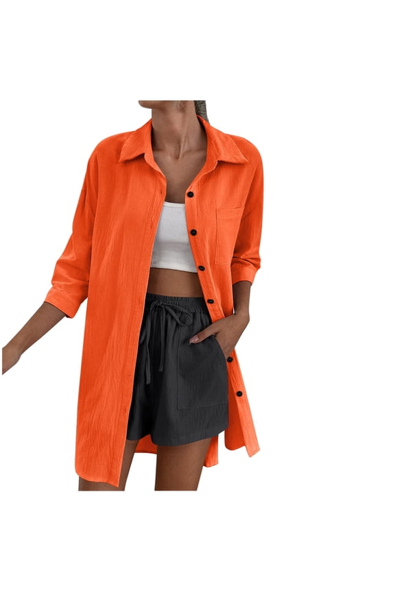 3/4 Sleeve Shacket Jackets for Women Fall Casual Lapel Button Down Shirts Long Fashion Blouses