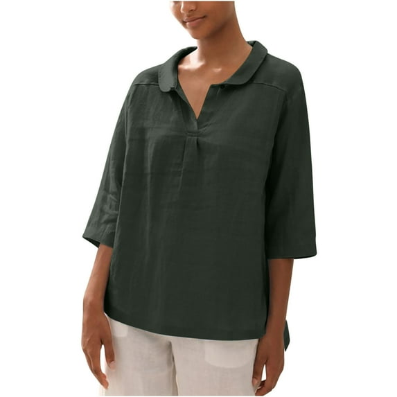 ShomPort 3/4 Sleeve Shirts for Women Casual Lapel Blouses Solid Color Babydoll Tops Pullovers