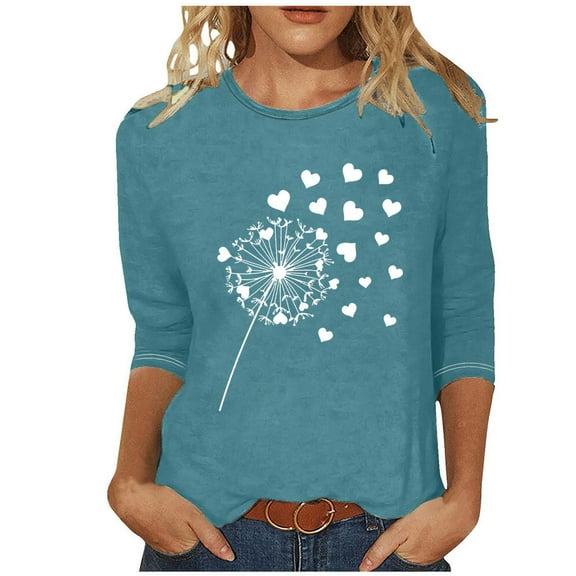 ShomPort 3/4 Sleeve Tops for Women Casual Crew Neck Graphic Print Pullovers Solid Color Basic T-Shirts