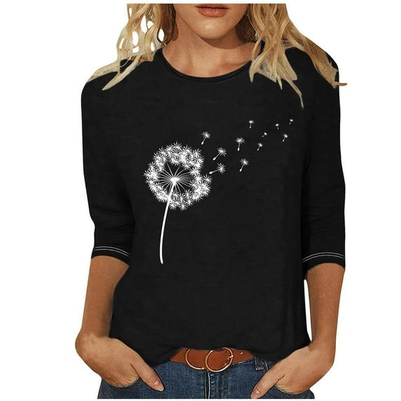 ShomPort 3/4 Sleeve Tops for Women Casual Graphic Print Pullovers Round Neck Fashion T-Shirts