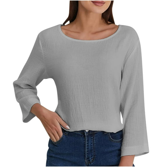ShomPort 3/4 Sleeve Tops for Women Summer Scoop Neck Tunic Tops Casual Solid Color Work Shirts Pullover