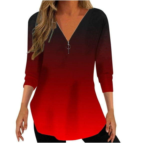 ShomPort 3/4 Sleeve Tunic Tops for Woman Fashion Gradient Print V Neck Zipper T-Shirts to Wear with Leggings