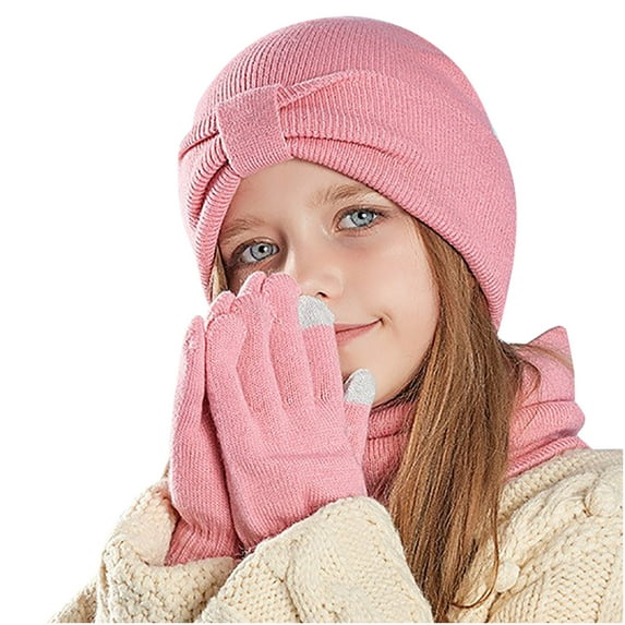 ShomPort 3-8 Years Winter Hat Scarf Gloves Set 3 PCS Solid Color Soft Warm Beanie Neck Warmer Glove