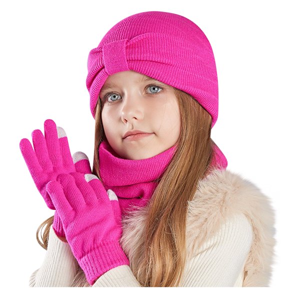 ShomPort 3-8 Years Winter Hat Scarf Gloves Set 3 PCS Solid Color Soft Warm Beanie Neck Warmer Glove