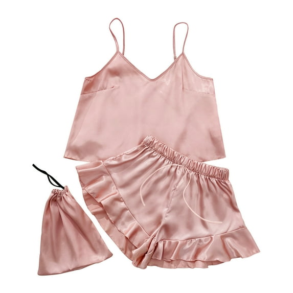 ShomPort 3 PCS Silk Pajama Set for Women Satin Sleeveless Cami Tops and Comfy Elatic Waist Shorts Sleepwear