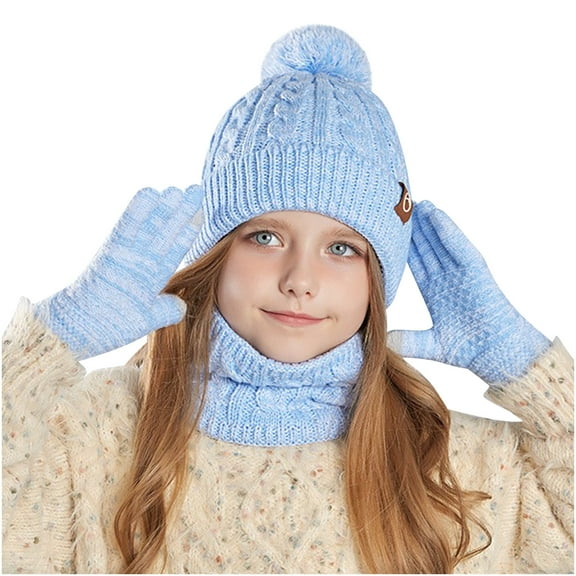 ShomPort 3 Pieces Set for Boys Girls Cable Knit Pompom Beanies Long Scarf Warm Gloves Lightweight Winter Outdoor Outfits