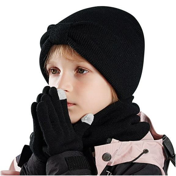 ShomPort 3PC Set for Little Girls Knitted Beanies Hat Soft Stretchy Scarves Touchscreen Gloves Solid Color Warm Outfits