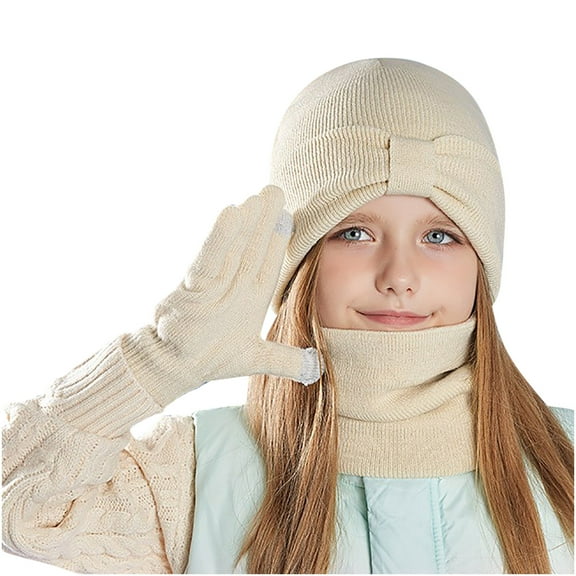 ShomPort 3PC Set for Little Girls Knitted Beanies Hat Soft Stretchy Scarves Touchscreen Gloves Solid Color Warm Outfits