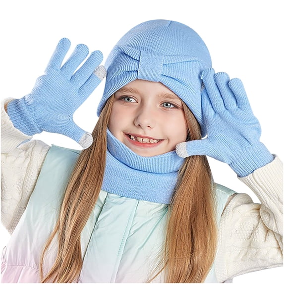 ShomPort 3PC Set for Little Girls Knitted Beanies Hat Soft Stretchy Scarves Touchscreen Gloves Solid Color Warm Outfits