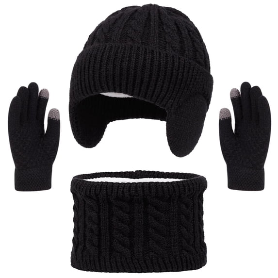 ShomPort 3PC Winter Warm Set for Girls Fleece Lined Earflap Cable Knitted Beanies Neck Warmer Touchscreen Gloves Cute Outfits