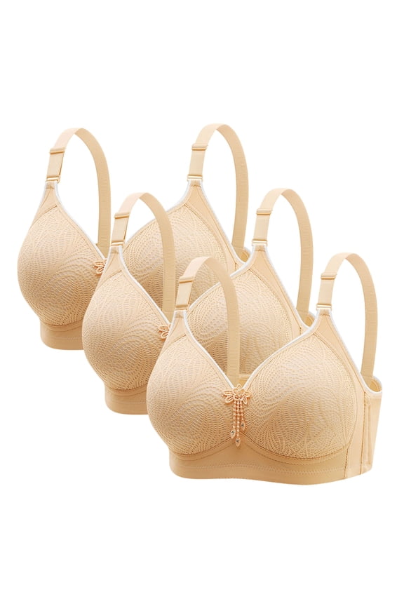 3PC Wirefree Underwear Push Up Oversized Lace Full Coverage Adjustable Straps U-Back Daily Thin Bras