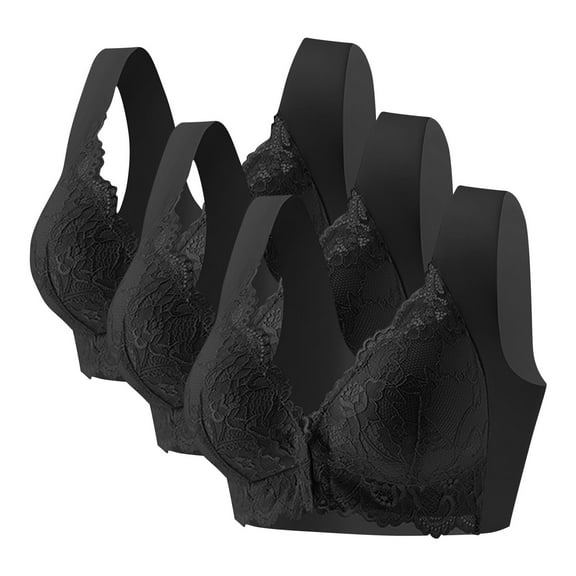ShomPort 3PC Womens Plus Size Underwear Lace Trim Wide Straps Wirefree U-Back Seamless Soft Daily Bras