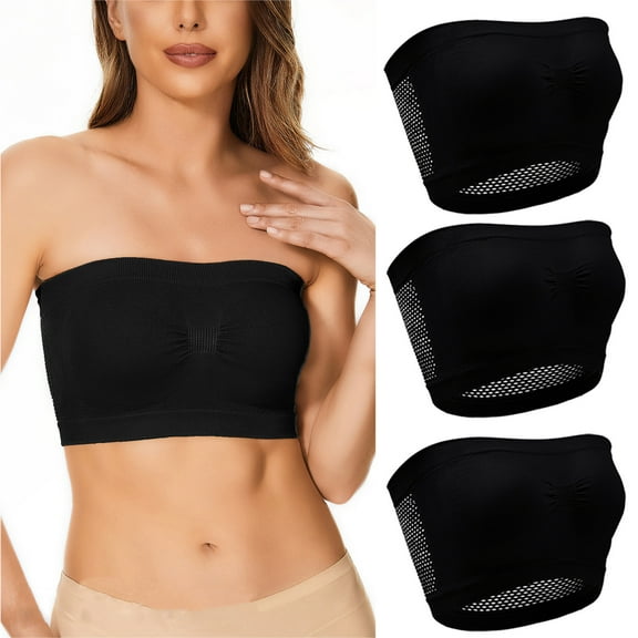 ShomPort 3pc Strapless Bra for Women Mesh Breathable Wireless Tube Bra Seamless Padded Bandeau Bra