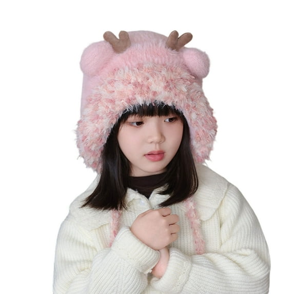 ShomPort 4-10 Years Christmas Fleece Caps for Little Girls Ear-Covering Stylish Beanies with Cute Ear Winter Casual Hats