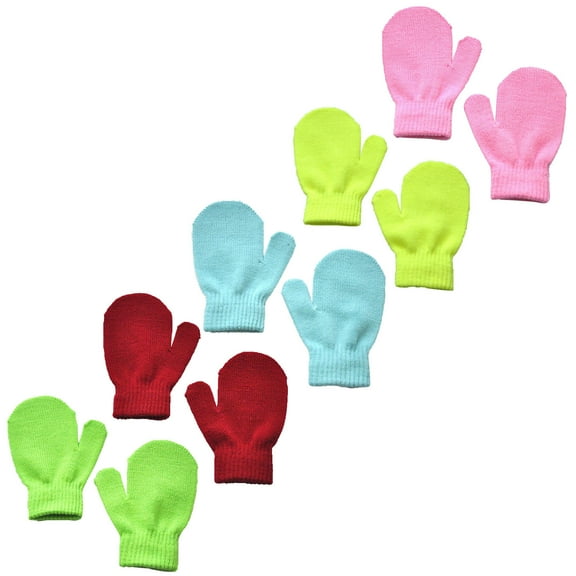 ShomPort 5Pairs Toddler Winter Mittens Solid Color Warm Knit Mittens Soft Snow Gloves for Kids 9M-4Y