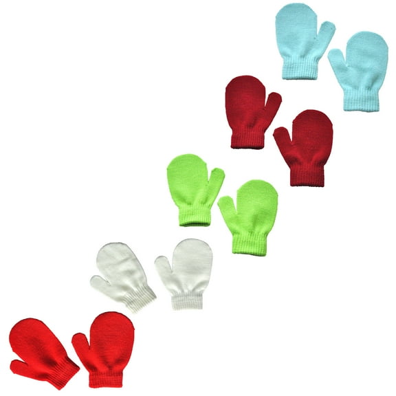 ShomPort 5Pairs Toddler Winter Mittens Solid Color Warm Knit Mittens Soft Snow Gloves for Kids 9M-4Y